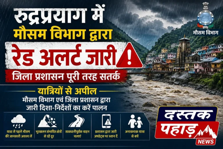 रुद्रप्रयाग में मौसम विभाग द्वारा रेड अलर्ट जारी, यात्रियों से अपील, मौसम विभाग एवं जिला प्रशासन द्वारा जारी दिशा-निर्देशों का करें पालन