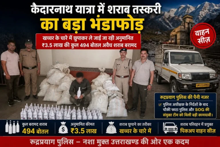 केदारनाथ यात्रा में शराब तस्करी का बड़ा भंडाफोड़ : खच्चर के चारे में छुपाकर ले जा रहे थे 494 बोतल अवैध शराब