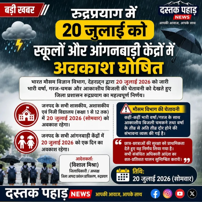 जरूरी सूचना: रूद्रप्रयाग जिले में 20 जुलाई को स्कूलों में छुट्टी के आदेश!! भारी बारिश की चेतावनी !!