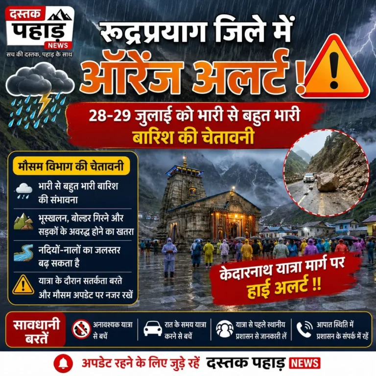रुद्रप्रयाग में ऑरेंज अलर्ट: 28-29 जुलाई को भारी से बहुत भारी बारिश की चेतावनी, केदारनाथ यात्रा मार्ग पर हाई अलर्ट