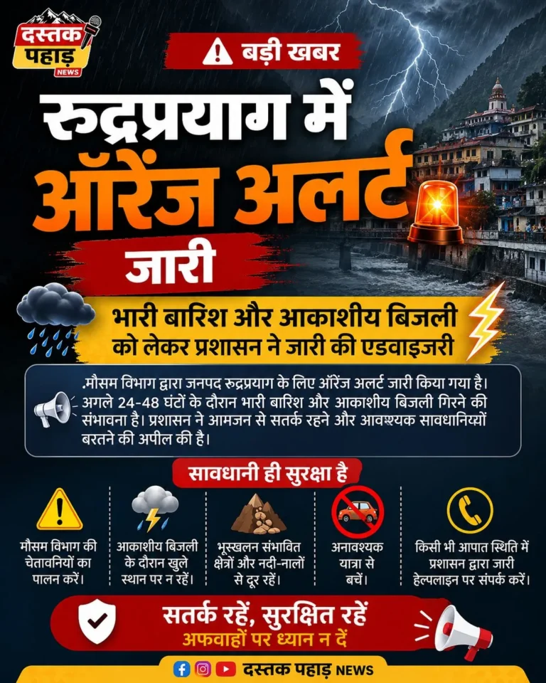 रुद्रप्रयाग में फिर ऑरेंज अलर्ट जारी, भारी बारिश और आकाशीय बिजली को लेकर प्रशासन ने जारी की एडवाइजरी