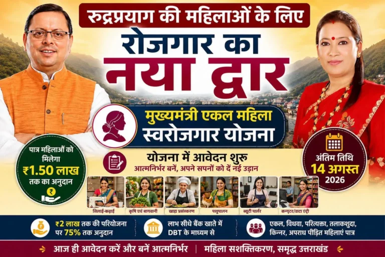 रुद्रप्रयाग की महिलाओं के लिए रोजगार का नया द्वार!! मुख्यमंत्री एकल महिला स्वरोजगार योजना में आवेदन शुरू, पात्र महिलाओं को मिलेगा ₹1.50 लाख तक का अनुदान, जानिए कैसे करें आवेदन