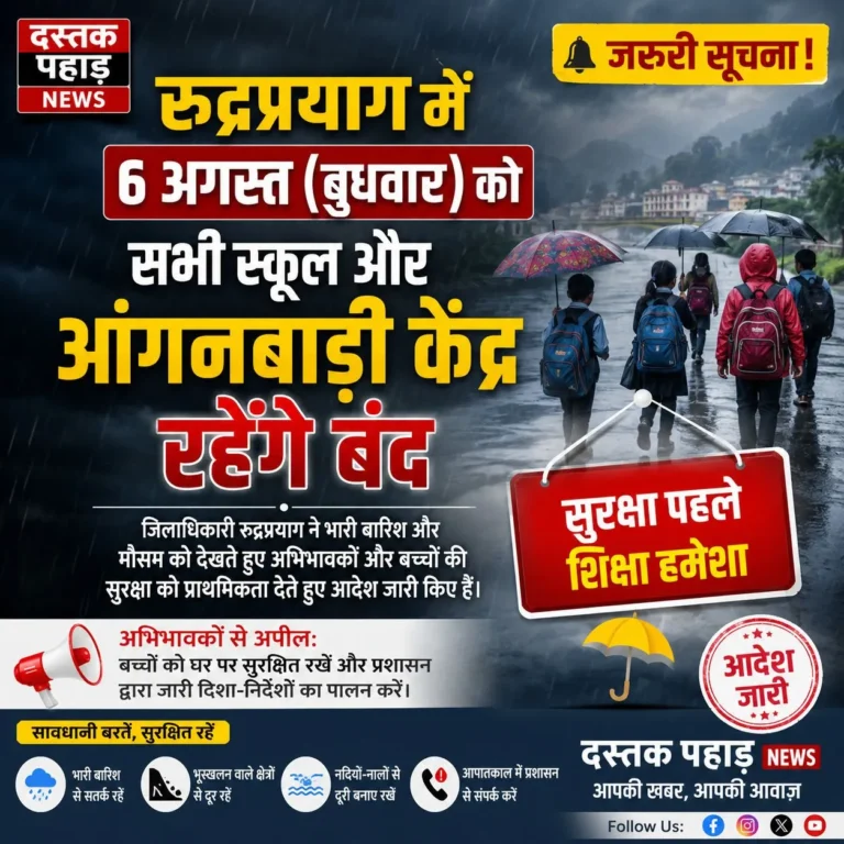 बड़ी खबर : रुद्रप्रयाग में 6 अगस्त को सभी स्कूल और आंगनबाड़ी केंद्र रहेंगे बंद, डीएम ने जारी किए आदेश