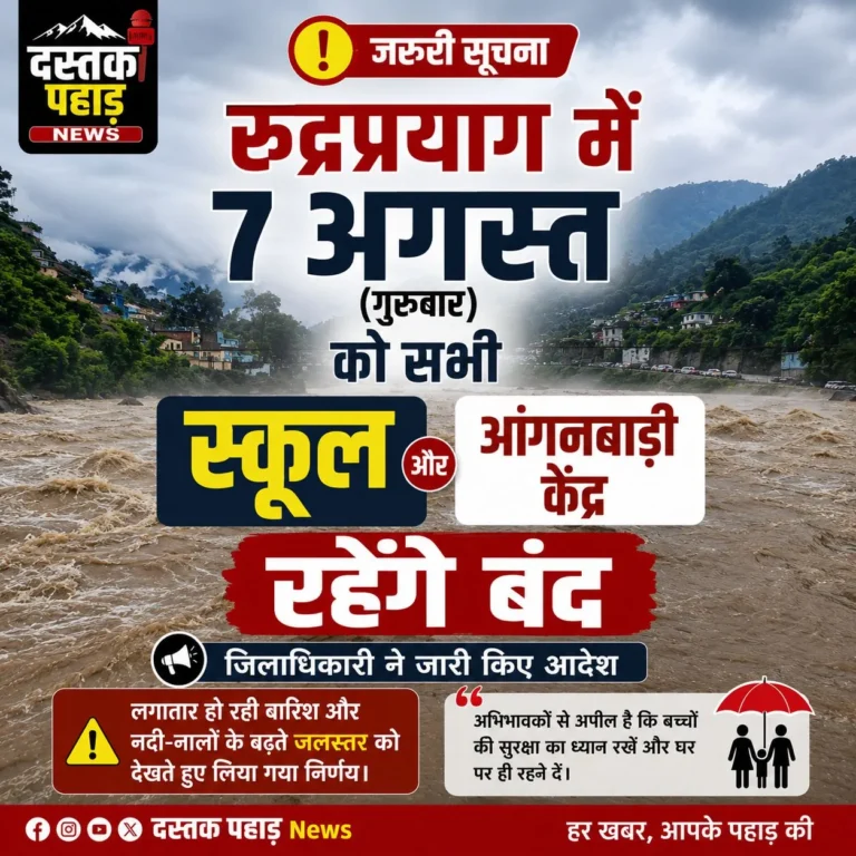 रुद्रप्रयाग में 7 अगस्त को सभी स्कूल और आंगनबाड़ी केंद्र रहेंगे बंद, डीएम ने जारी किए आदेश