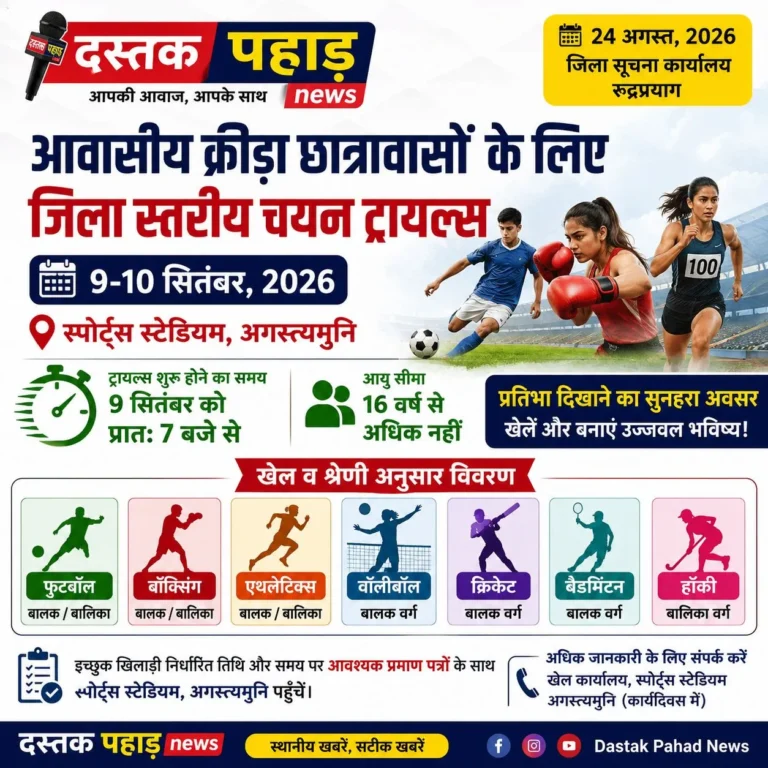 आवासीय क्रीड़ा छात्रावासों के लिए अगस्त्यमुनि में 9-10 सितंबर को होंगे जिला स्तरीय चयन ट्रायल, इच्छुक खिलाड़ी करें प्रतिभाग