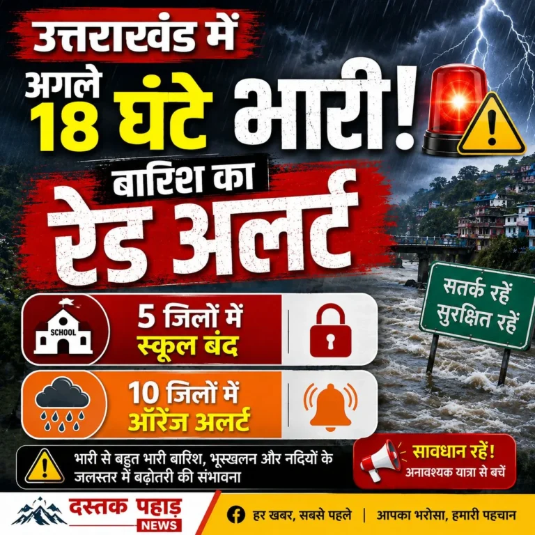 उत्तराखंड में अगले 18 घंटे भारी! बारिश का रेड अलर्ट, 5 जिलों में स्कूल बंद; 10 जिलों में ऑरेंज अलर्ट