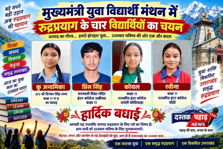 खुशखबरी दीजिए बधाई, मुख्यमंत्री युवा विद्यार्थी मंथन में रुद्रप्रयाग के चार विद्यार्थियों का चयन
