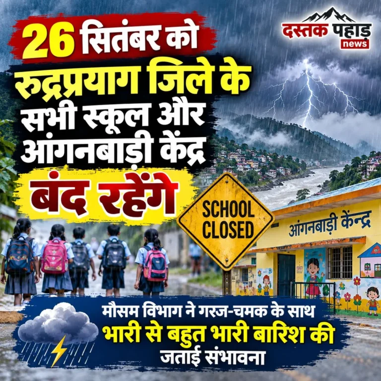 26 सितंबर को रुद्रप्रयाग जिले के सभी स्कूल और आंगनबाड़ी केंद्र बंद रहेंगे मौसम विभाग ने गरज-चमक के साथ भारी से बहुत भारी बारिश की जताई संभावना