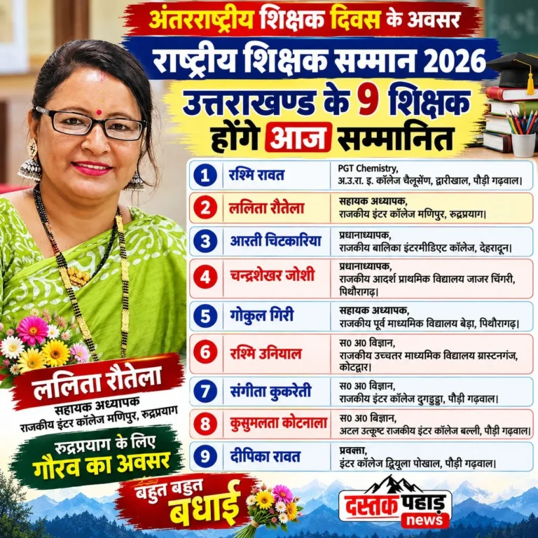 अंतरराष्ट्रीय शिक्षक दिवस पर देशभर के 115 सहित उत्तराखंड के 9 शिक्षक होंगे राष्ट्रीय शिक्षक सम्मान 2026 से सम्मानित, रुद्रप्रयाग की ललिता रौतेला भी शामिल