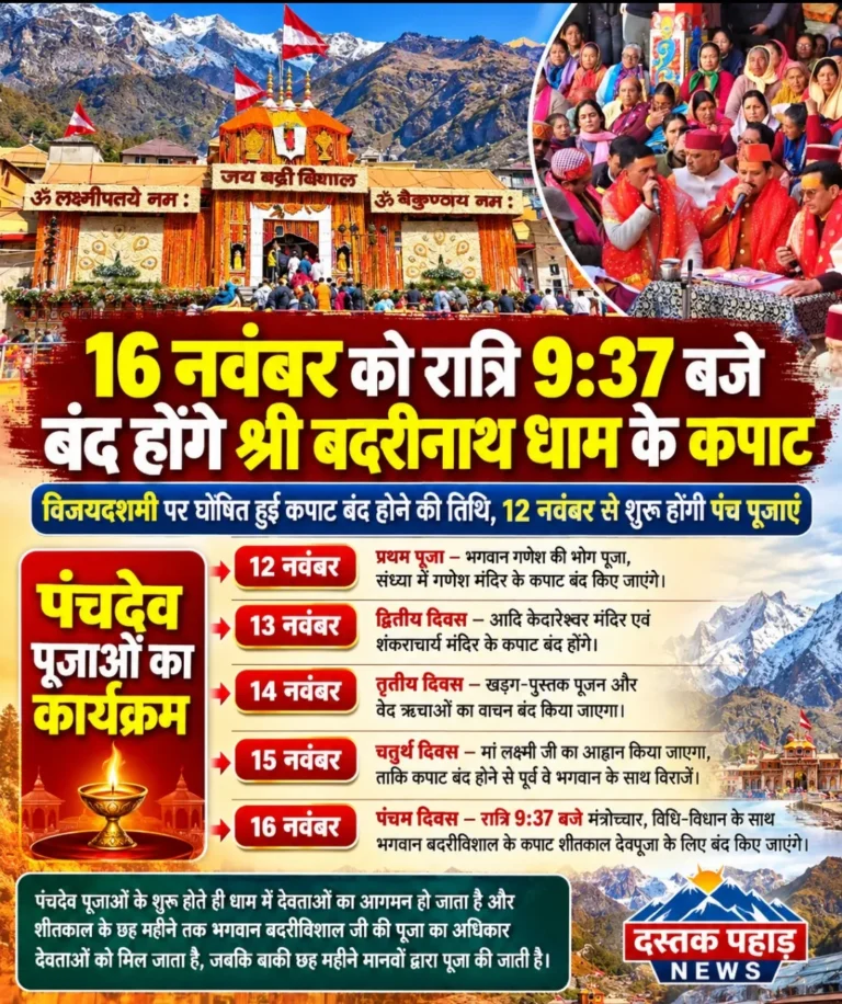 श्री बदरीनाथ धाम के कपाट 16 नवंबर को रात्रि 9:37 बजे होंगे बंद, 12 नवंबर से शुरू होंगी पंच पूजाएं
